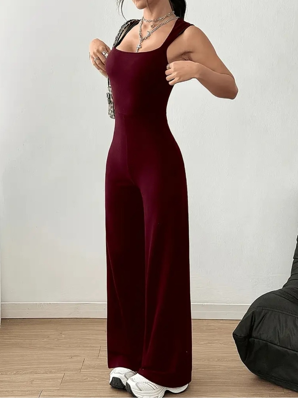 Wide-Leg Sleeveless Jumpsuit in Burgundy
